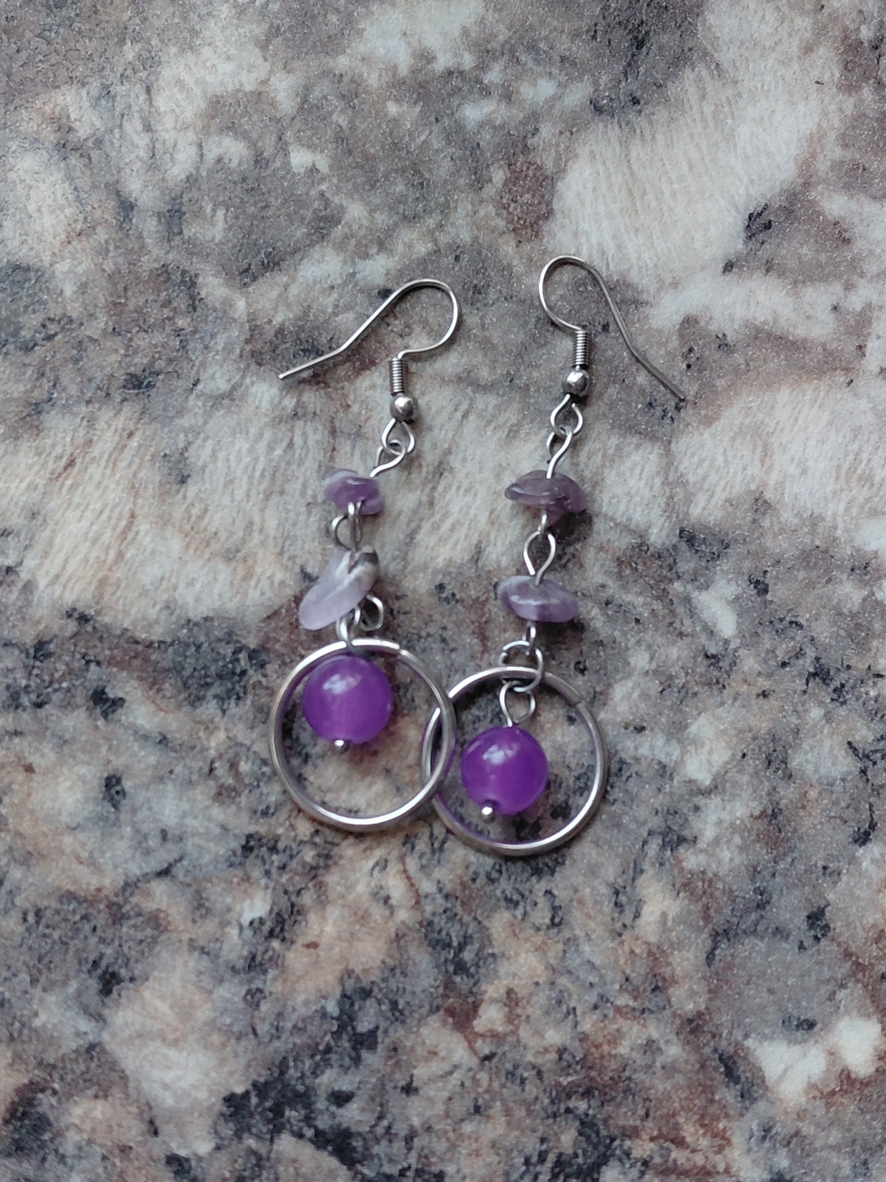 Amethyst Chip and Purple Bead Silver Tone Dangle Earrings